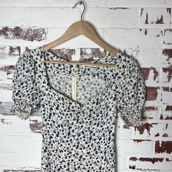 REFORMATION Floral Midi Dress Sweetheart Neck Slit Puff Sleeve size0 - Picture 3 of 8